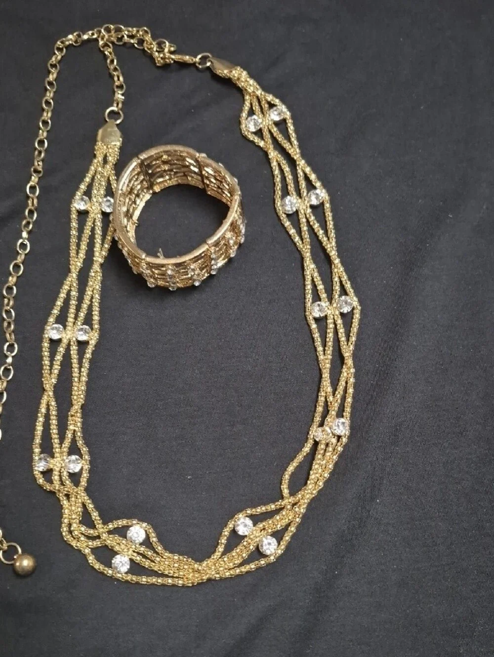 Gold-Tone Crystal Multi-Strand Necklace with Matching Bracelet